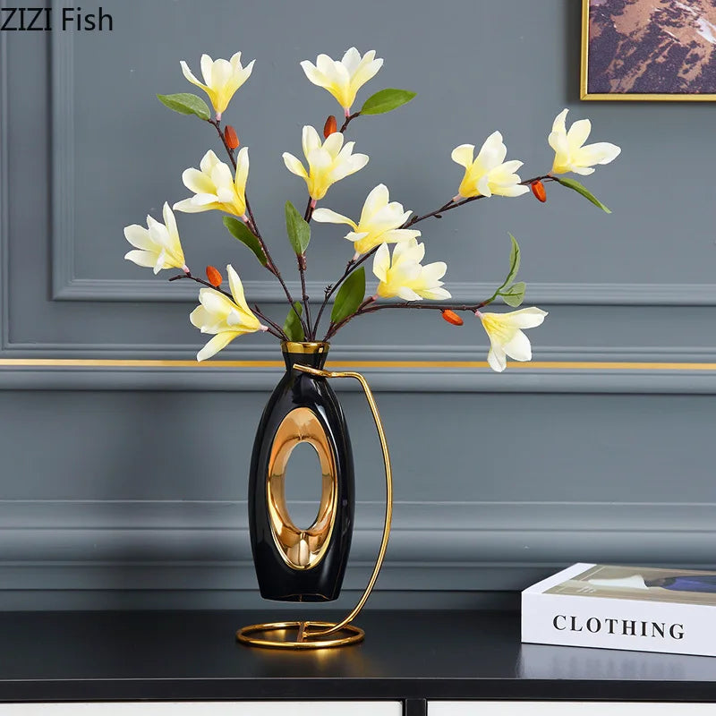 Modern Black Hollow Gilded Vases Living Room Porch Dining Table Flower Arrangement Decor Art Exquisite Ceramic Vase Home Decor