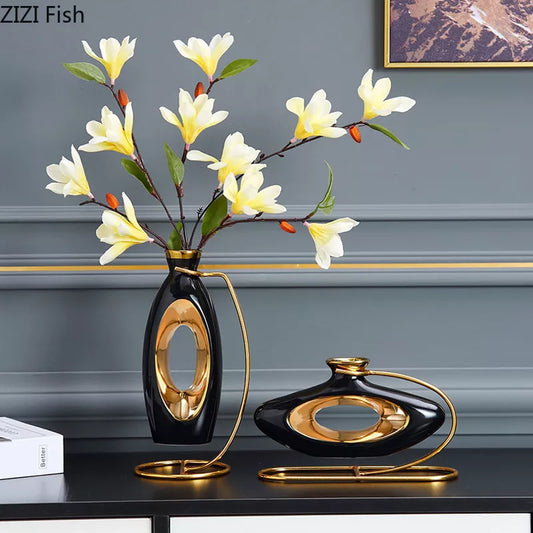 Modern Black Hollow Gilded Vases Living Room Porch Dining Table Flower Arrangement Decor Art Exquisite Ceramic Vase Home Decor