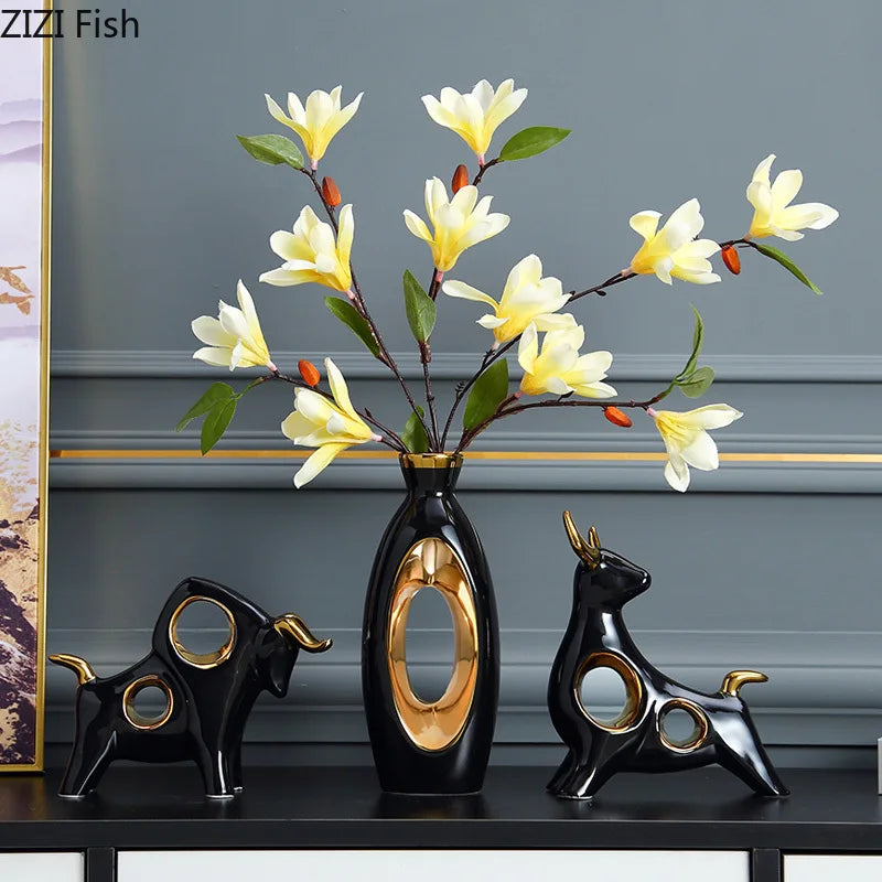 Modern Black Hollow Gilded Vases Living Room Porch Dining Table Flower Arrangement Decor Art Exquisite Ceramic Vase Home Decor