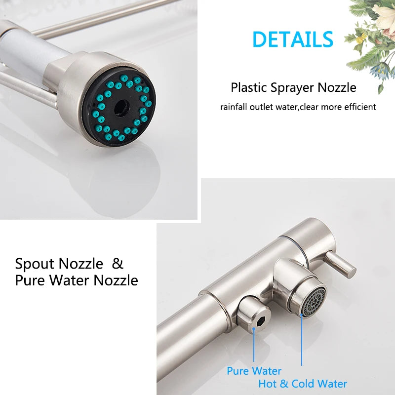 Brushed Nickel Kitchen Faucet Filter Purification water Kitchen Faucets Dual Spout Spring Pull Down Hot Cold Water Mixer Tap