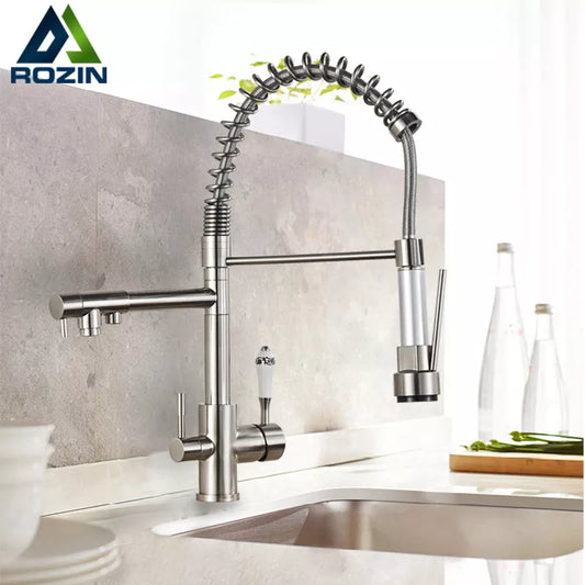 Brushed Nickel Kitchen Faucet Filter Purification water Kitchen Faucets Dual Spout Spring Pull Down Hot Cold Water Mixer Tap