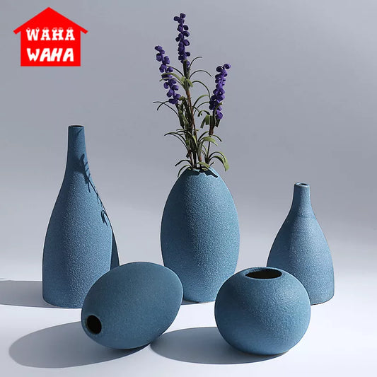 Blue Frosted Ceramic Vases Flower Receptacle Tabletop Vase Classic China Arts and Crafts Home Decor Furnishing Creative Gift