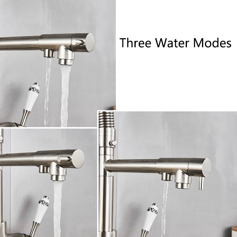 Brushed Nickel Kitchen Faucet Filter Purification water Kitchen Faucets Dual Spout Spring Pull Down Hot Cold Water Mixer Tap