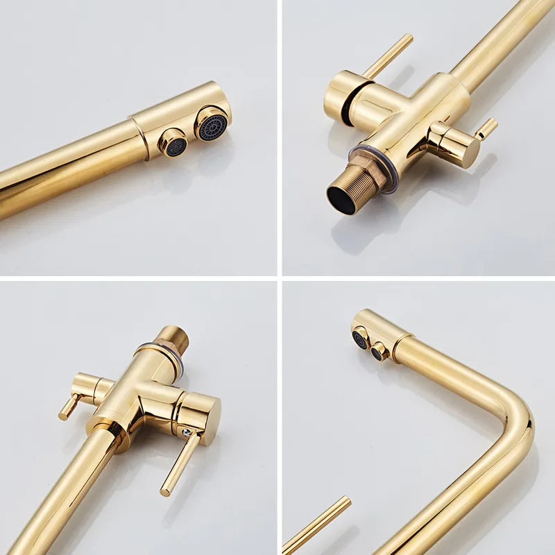 Gold Kitchen Faucets With Filtered Water Deck Mounted Drinking Water Mixer Tap Brass Gold Kitchen Faucet Filter