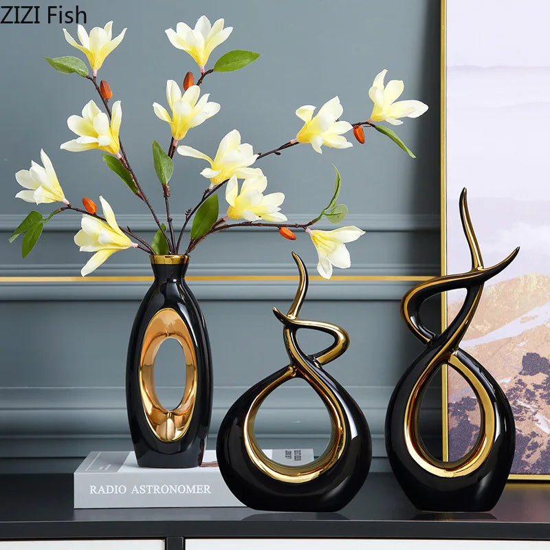 Modern Black Hollow Gilded Vases Living Room Porch Dining Table Flower Arrangement Decor Art Exquisite Ceramic Vase Home Decor