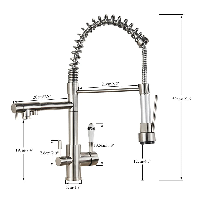 Brushed Nickel Kitchen Faucet Filter Purification water Kitchen Faucets Dual Spout Spring Pull Down Hot Cold Water Mixer Tap