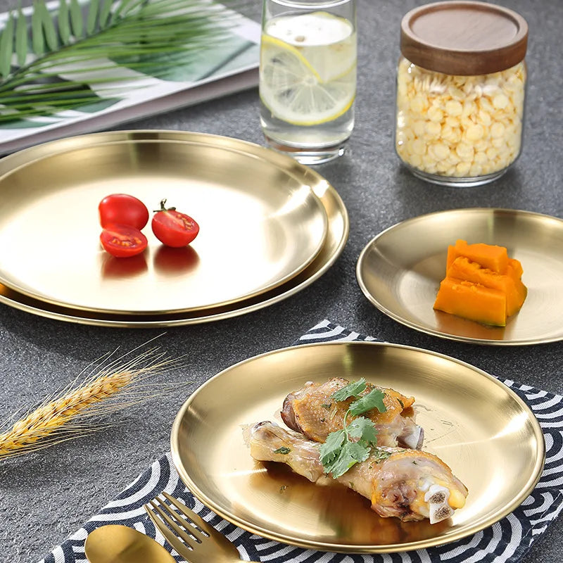 European Style Stainless Steel Dinner Plates Gold Plates tableware Serving Dishes Round  Tray Western Steak Kitchen Storage Tray