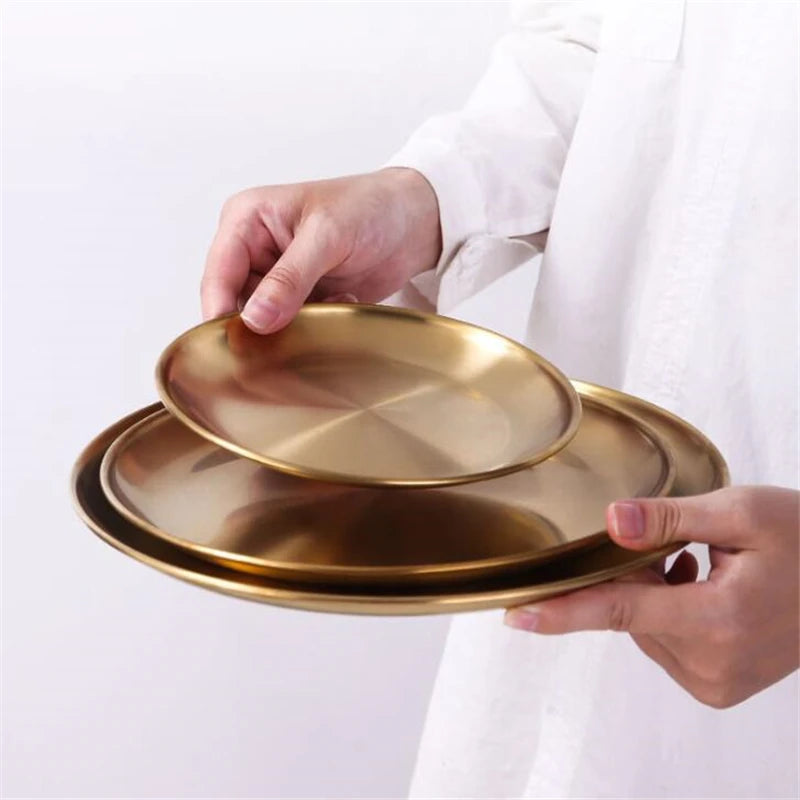 European Style Stainless Steel Dinner Plates Gold Plates tableware Serving Dishes Round  Tray Western Steak Kitchen Storage Tray