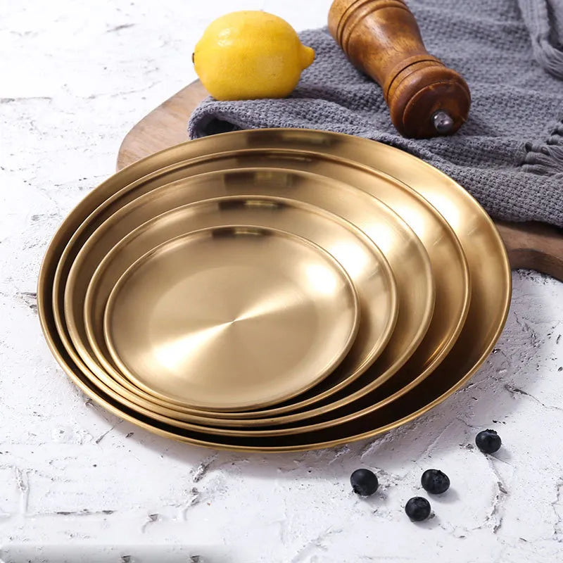 European Style Stainless Steel Dinner Plates Gold Plates tableware Serving Dishes Round  Tray Western Steak Kitchen Storage Tray