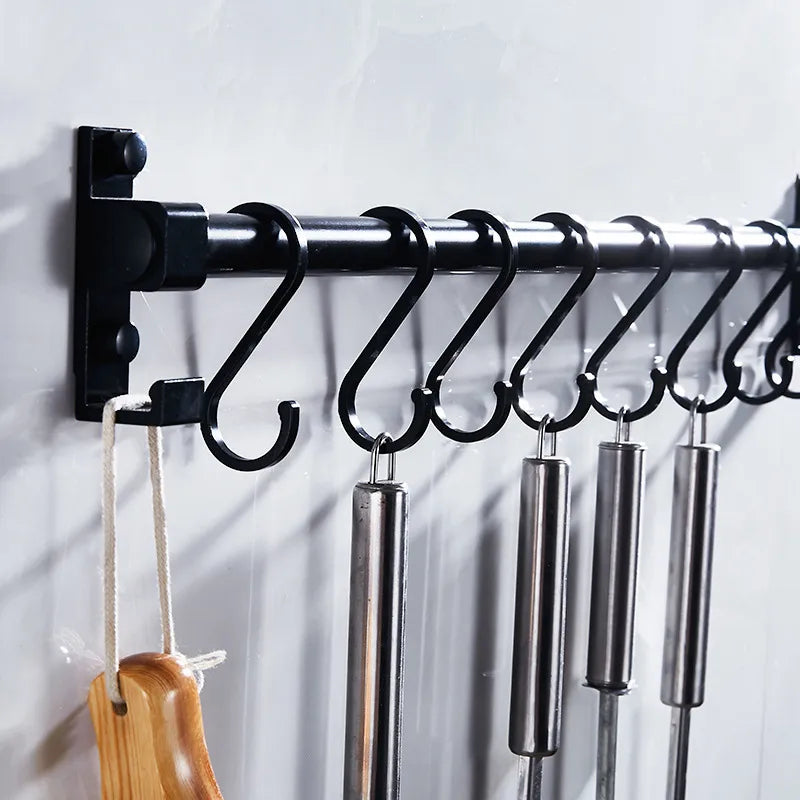 Matt Black Kitchen Hook Rack Pantry Bar Kitchen Shelf American Style Space Aluminum Frame Kitchenware Utensil Tool Storage Rack