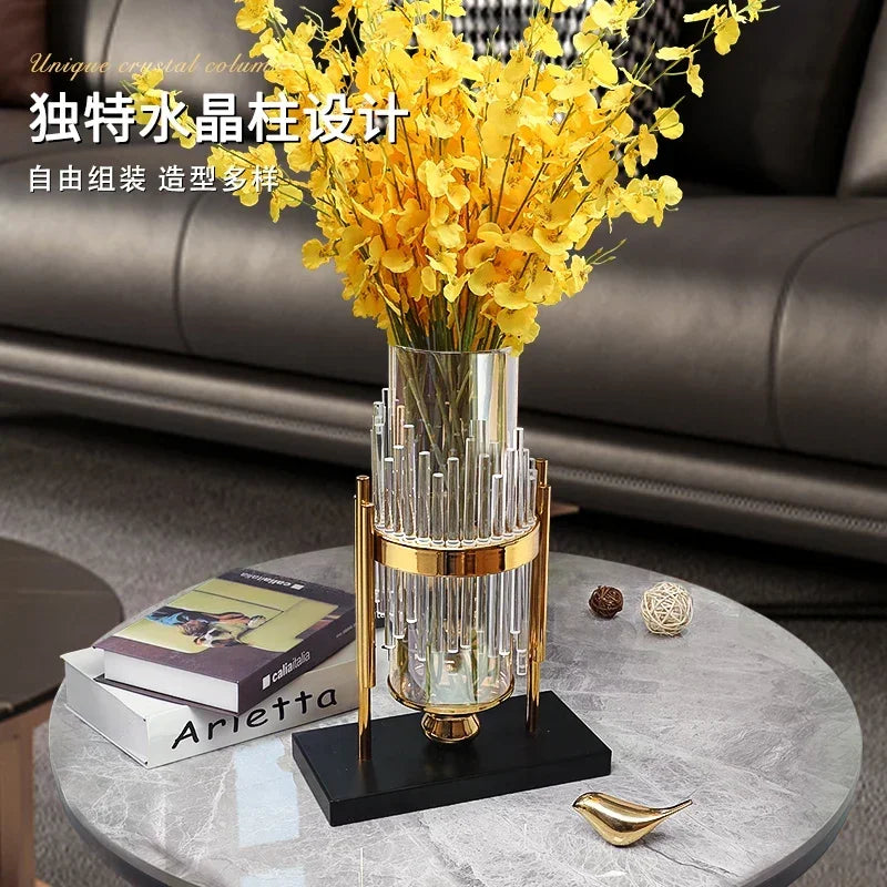 Metal Transparent Glass Vases Modern Design Luxury Crystal Plant Pot Dried Flowers Living Room Jarrones Table Decoration