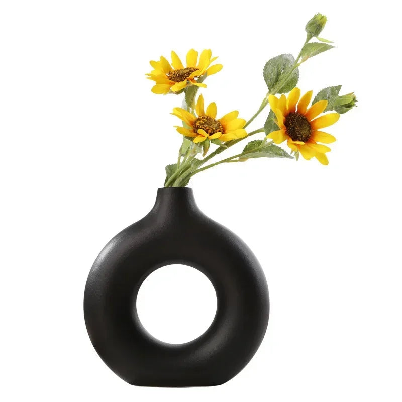 Nordic Vase Circular Hollow Ceramic Donuts Flower Pot Home Living Room Decoration Accessories Interior Office Desktop Decor Gift